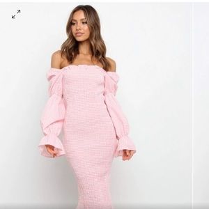 Pink petal and pup off shoulder dress